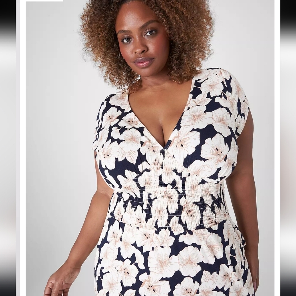 Lane Bryant Cap-Sleeve V-Neck Midi Dress – Navy Floral – Size 26/28